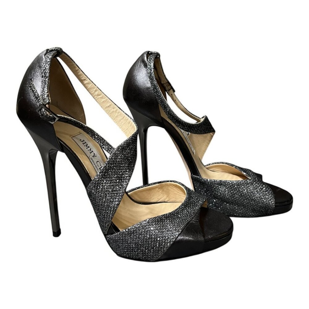 Jimmy Choo Tyne Anthractive Asymmetrical Gunmetal Glitter Heel Sandals